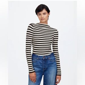 NWT Madewell Cotton Mockneck Sweater in Stripe Carob & Ivory M